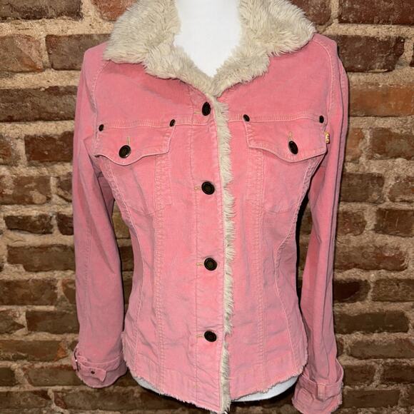 TWILL TWENTY TWO Pink Women soft corduroy Jacket Coat w/faux fur trim Size L - Picture 1 of 14